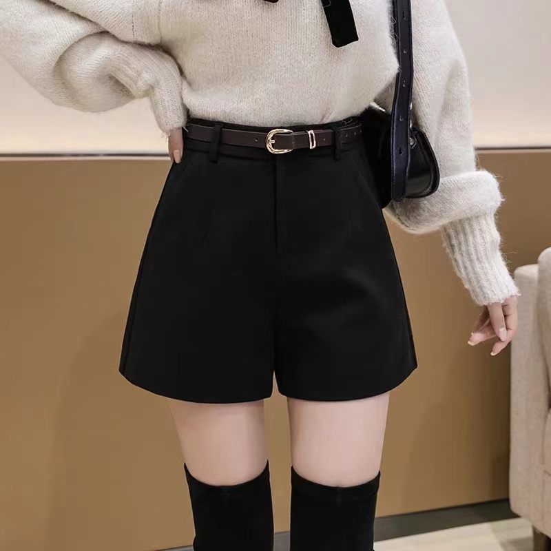 2025秋冬新款黑色毛呢短裤女打底外穿高腰A字显瘦百搭时尚阔腿裤