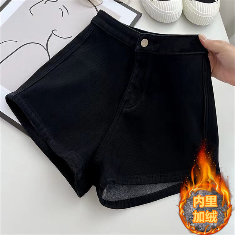 【加绒牛仔短裤女】高腰显瘦显高百搭弹力辣妹黑色新款短裤女裤子