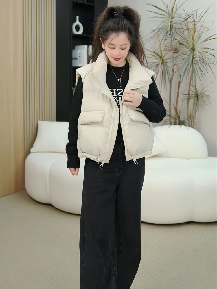 欧洲站立领短款羽绒马甲女冬白鸭绒设计感宽松保暖百搭小个子背心