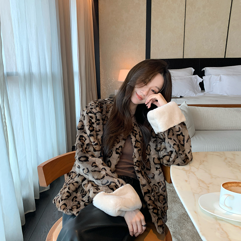 1987 fur“复古摩登”中古豹纹水貂毛皮草女短款年轻款貂皮大衣冬