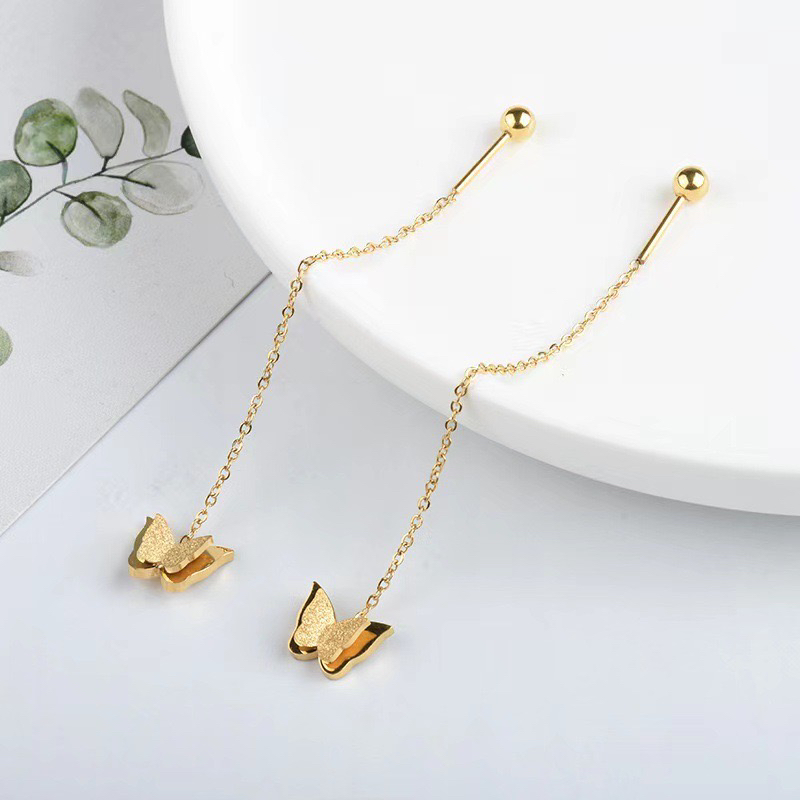 钛钢耳饰 钛钢磨砂蝴蝶耳线女高端新款百搭气质长款流苏耳坠精致