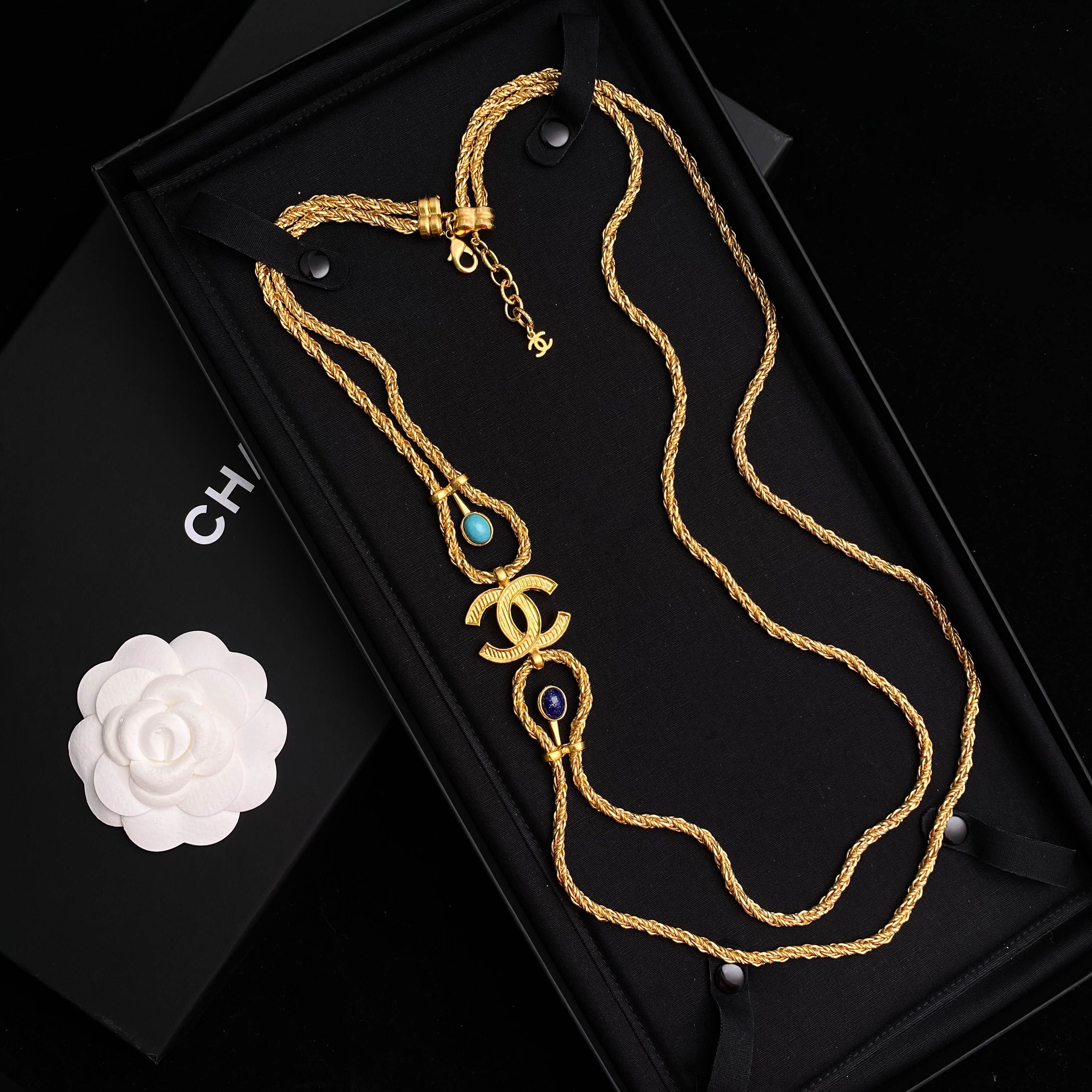 全新未使用 Chanel/香奈儿 经典双C复古金色宝石双链条项链 S1657