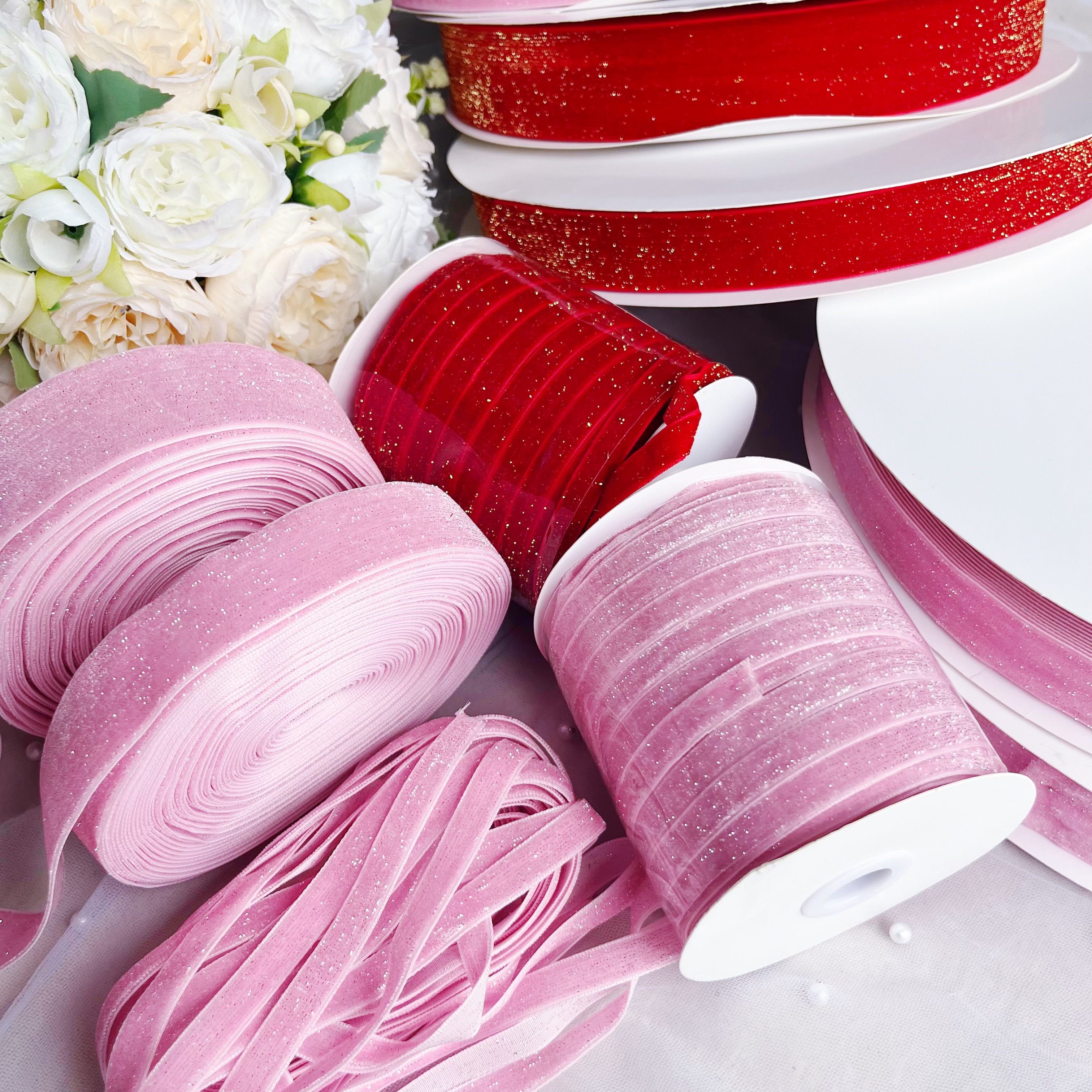 玖阁家秋冬新款1/2.5/3.8cm金葱植绒带diy蝴蝶结古风喜庆新年头饰