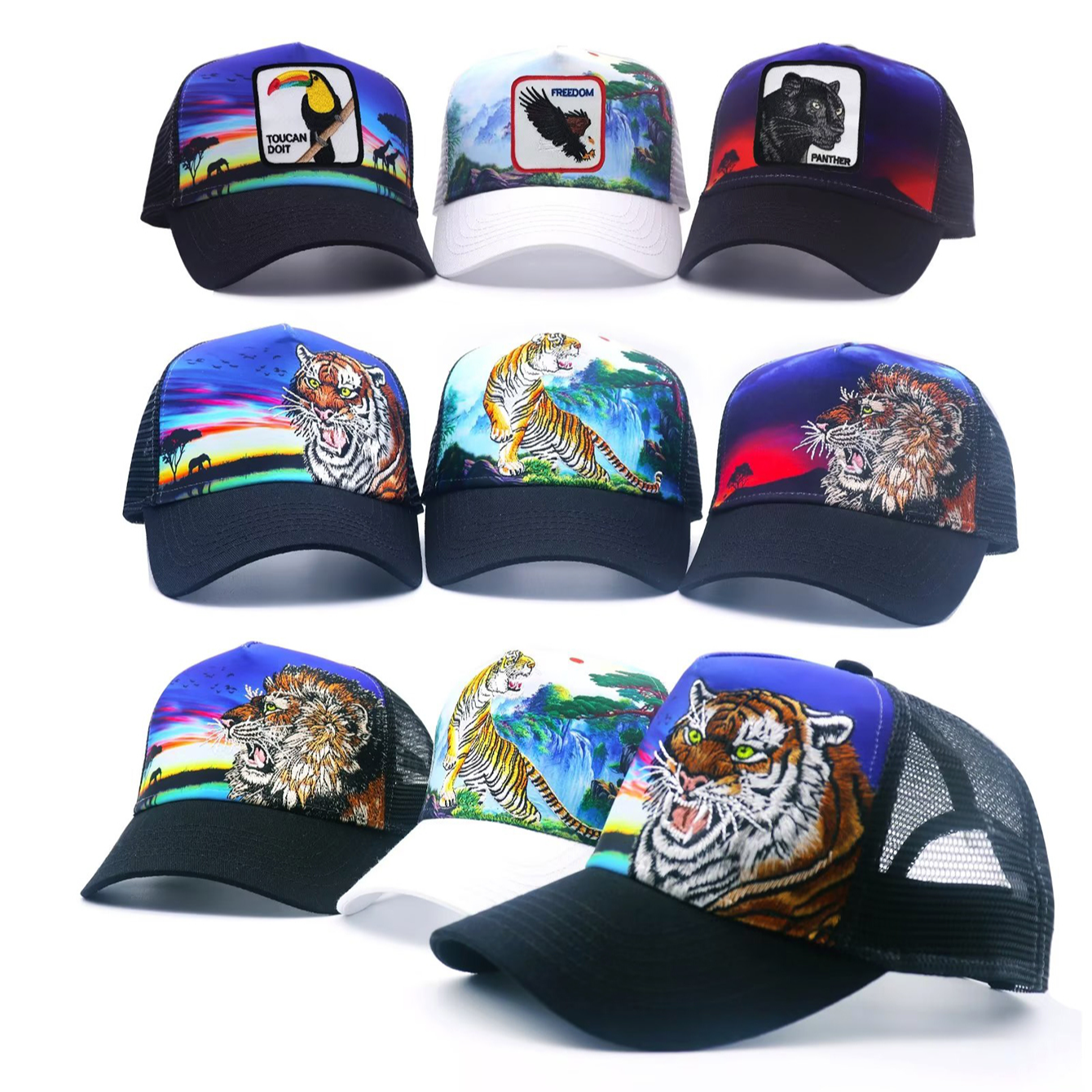 TilgoMedal鸭舌透气网帽子老虎狮子重工绣花丛林山水黄昏草原彩印