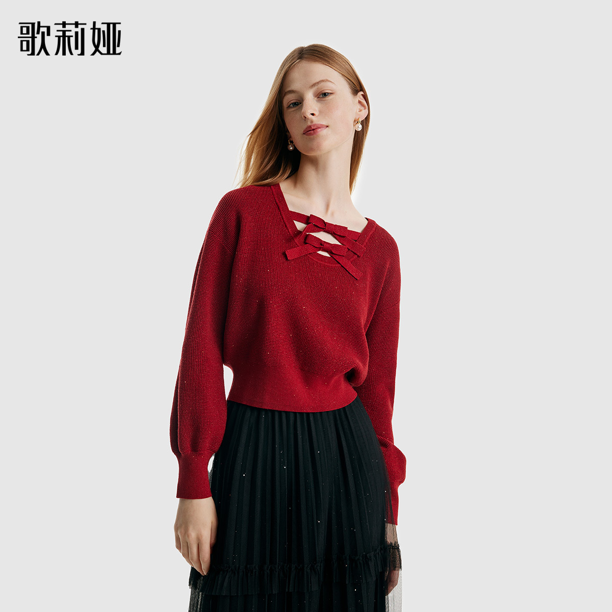 歌莉娅 秋冬上新 千金公主风保暖红色天丝羊毛针织毛衣 1B9R5J160