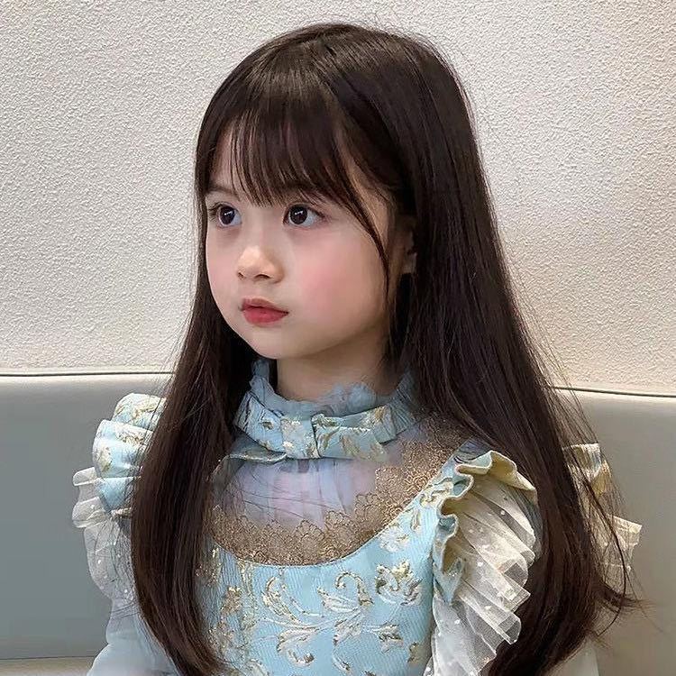儿童假头发女童可爱黑长直发自然摄影宝宝齐刘海小孩全头套假发
