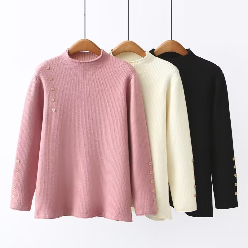 2024冬季新款时尚气质百搭一体绒斜肩扣装饰加绒加厚纯色毛衣