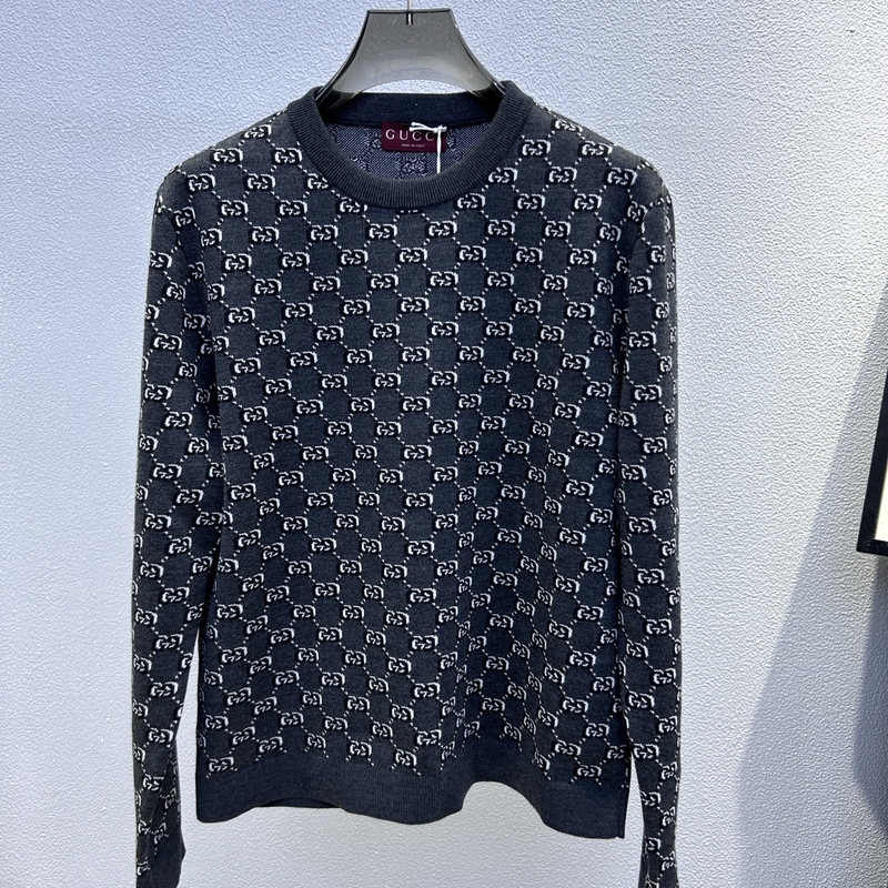 全新未使用Gucci古奇 双G满logo花纹刺绣套头羊毛针织衫 794503