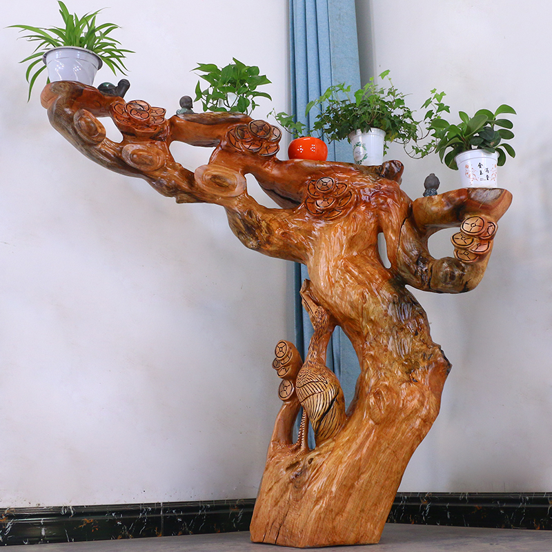 原木根雕花架天然树根盆景架自然花架子香樟木实木置物架MH8013