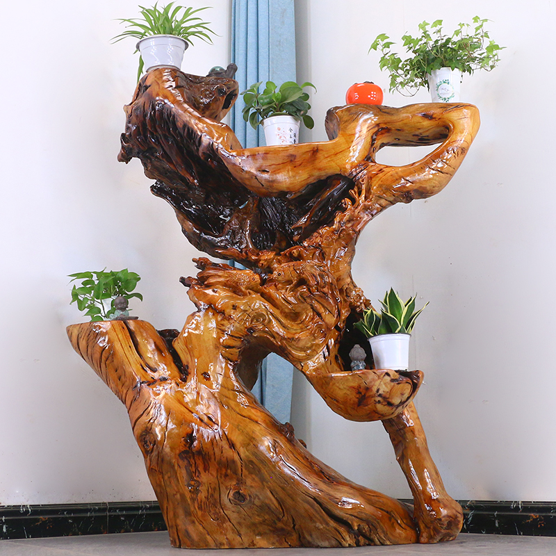 原木根雕花架天然树根盆景架实木自然花架子香樟木置物架MH7812