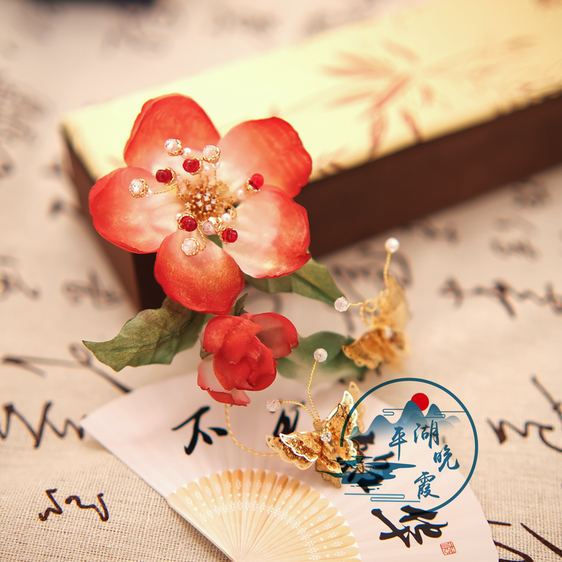 平湖晚霞古风饰品 24节气真丝烫花之清明 杜鹃花 娇莺套系 