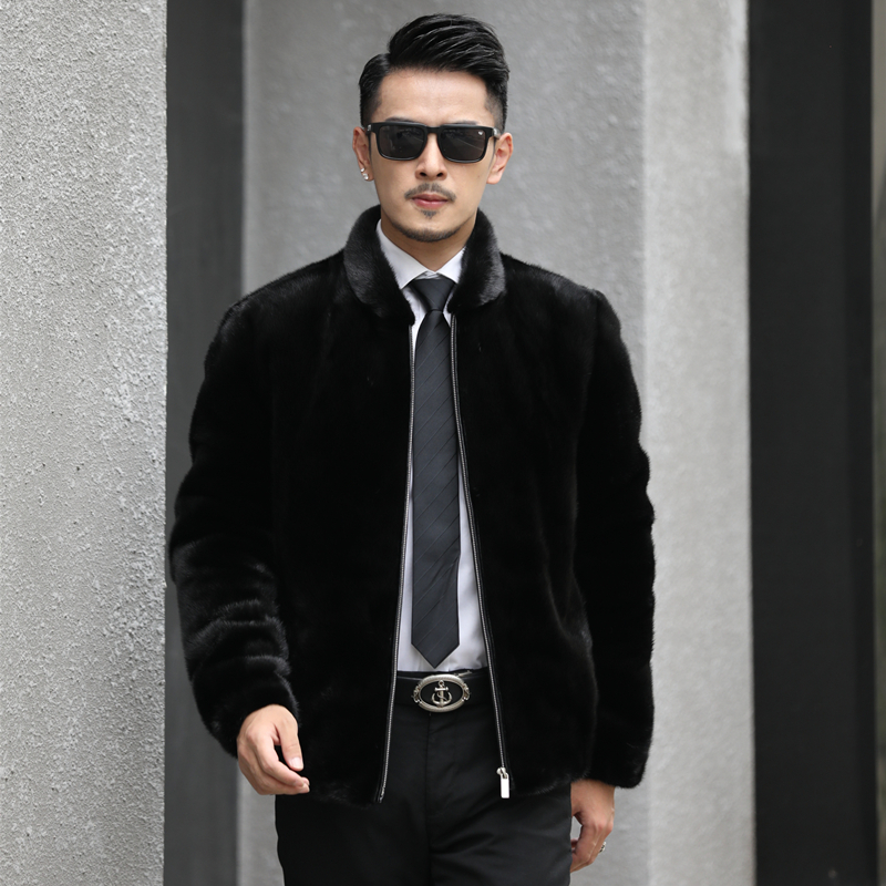 棒球服整貂皮男士外套皮毛一体男款时尚短款
