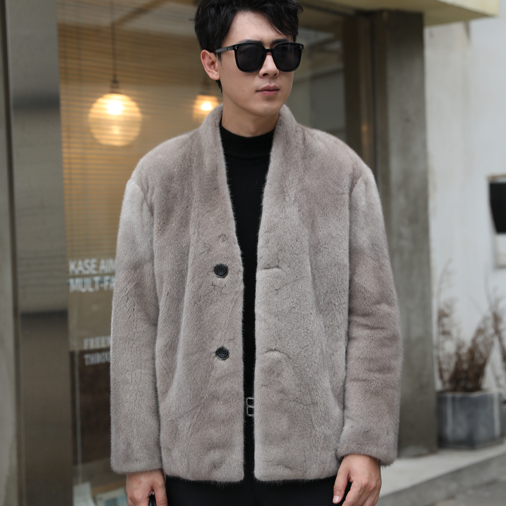 新款银兰紫金级V领道袍款貂皮皮外套时尚休闲连帽