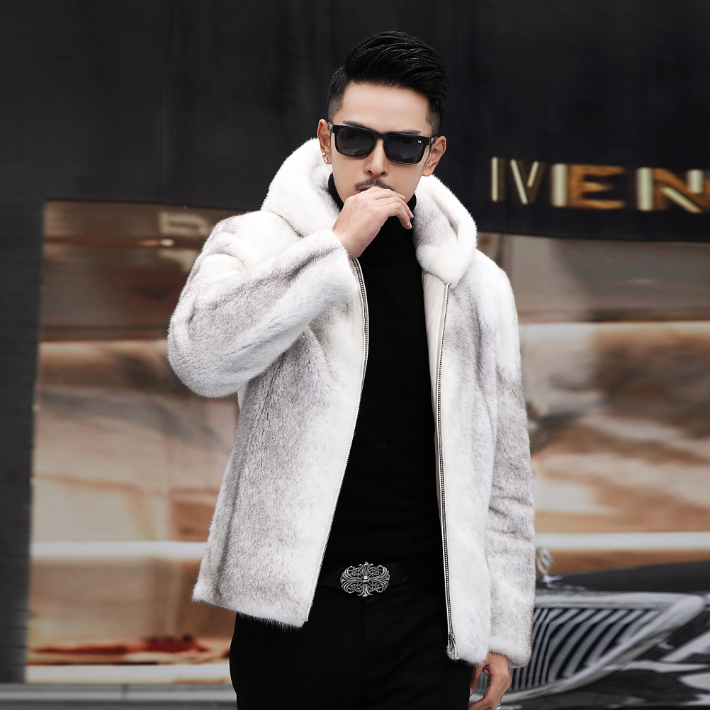 新款银十字貂皮进口整貂皮毛一体男士连帽外套时尚休闲潮流男款