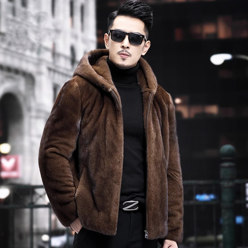 进口咖啡拉链帽子款貂皮大衣男士外套冬季休闲时尚男装