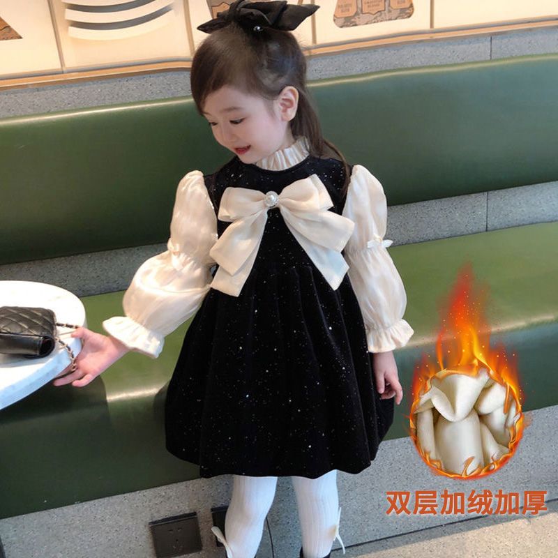 女童连衣裙法式洋气公主裙女孩灯芯绒冬季双层加绒加厚礼服裙