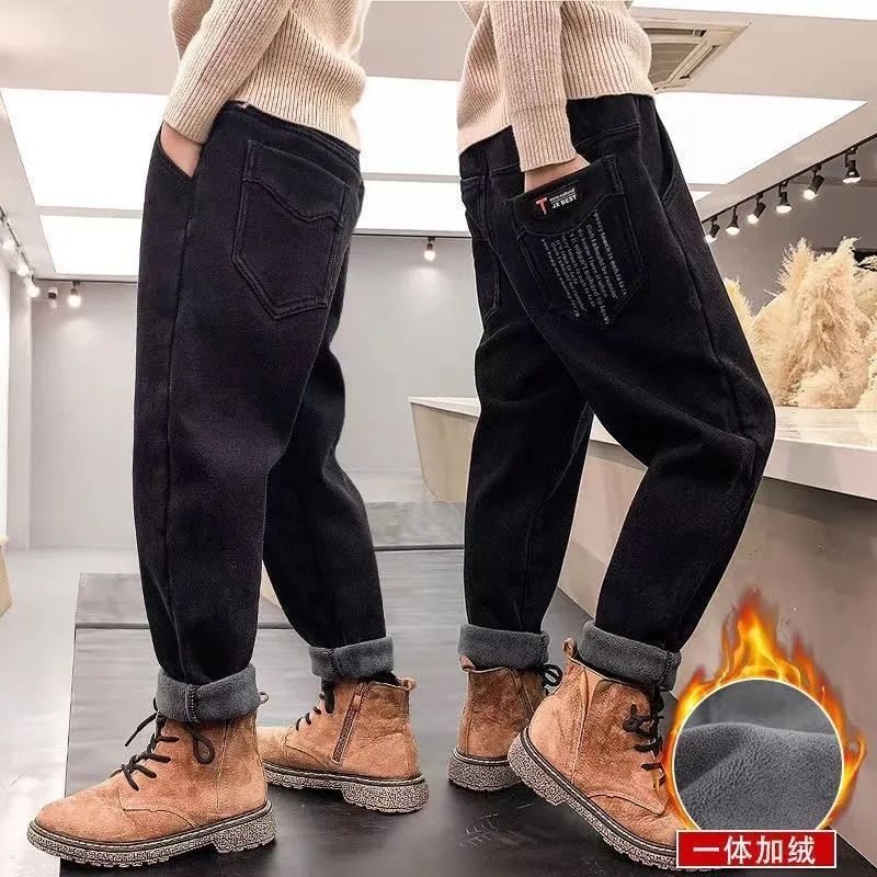男童冬季牛仔裤2023新款儿童加绒裤子中大童男孩加绒长裤加厚秋JL