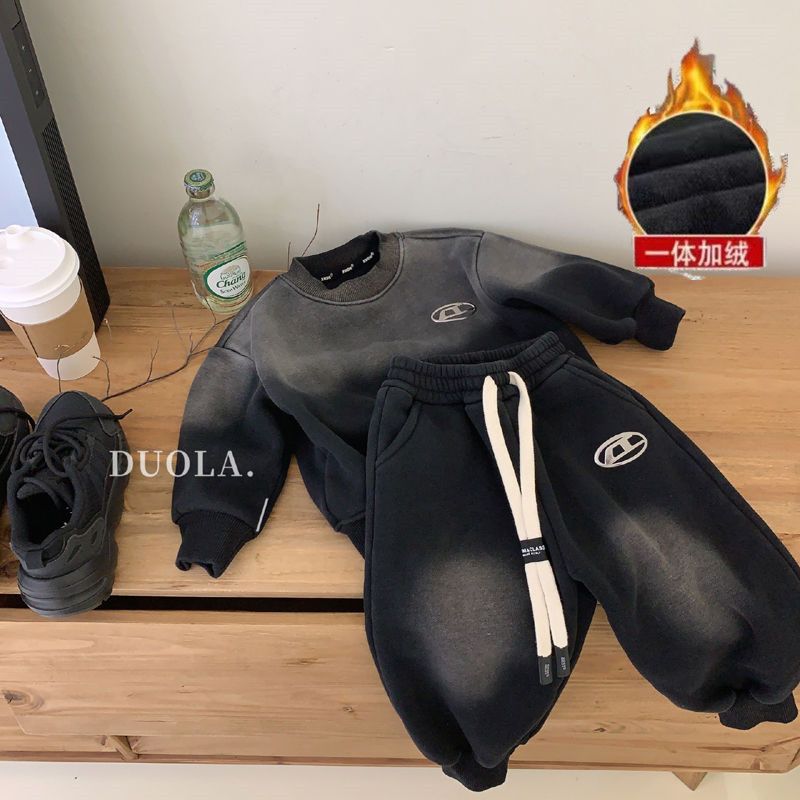 男童加厚一体绒吊染套装2024新款儿童帅气宝宝加绒保暖两件套潮