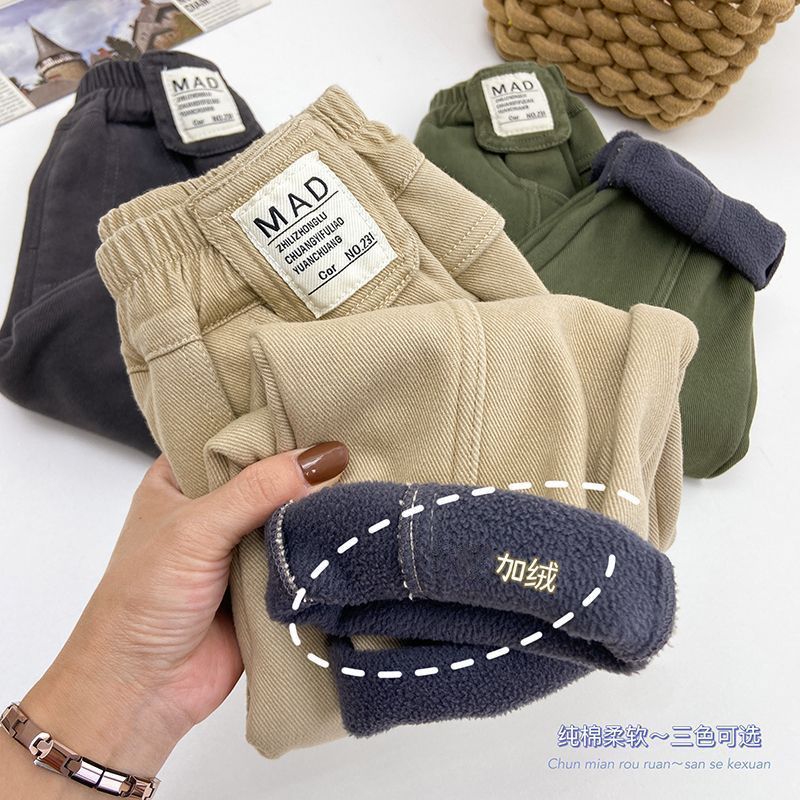 巴拉拉吧儿童加绒裤子软裤子2024新款男童休闲弹力加厚长裤小童冬