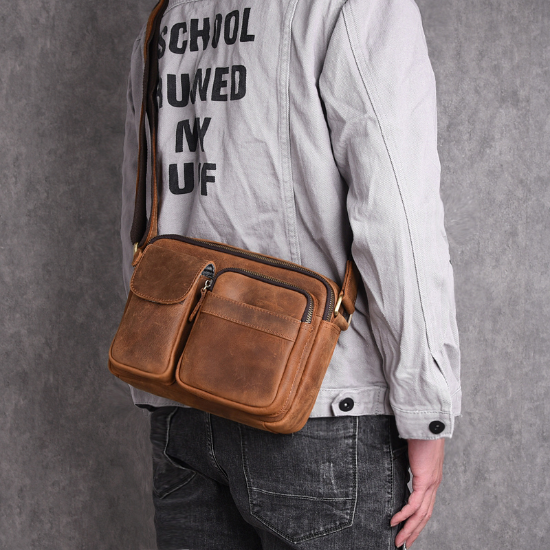 原创手工真皮男包头层牛皮斜挎包疯马牛皮休闲单肩包复古小背包