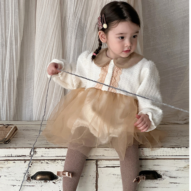 2024新款韩国童装婴儿三角哈衣女宝宝爬服长袖加绒法式网纱包屁衣