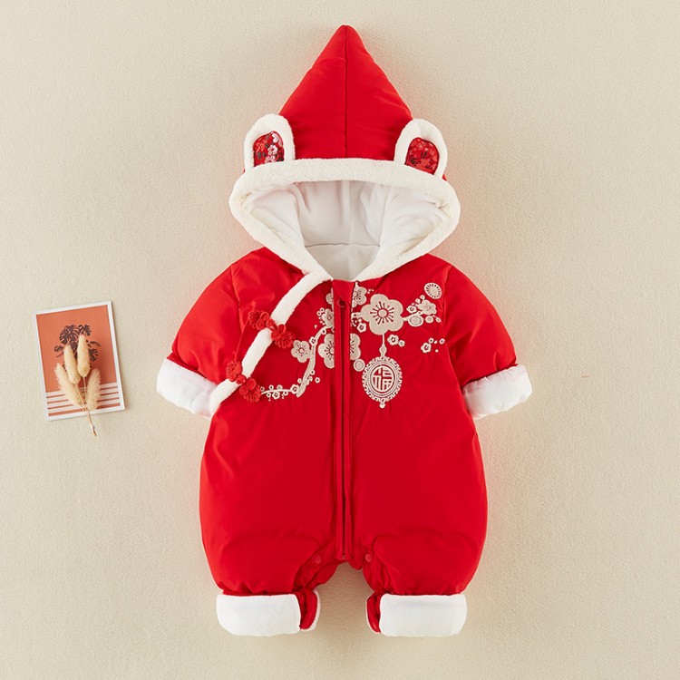 婴儿连体衣宝宝衣服冬装加厚过年服新生儿喜庆周岁新年红色拜年服