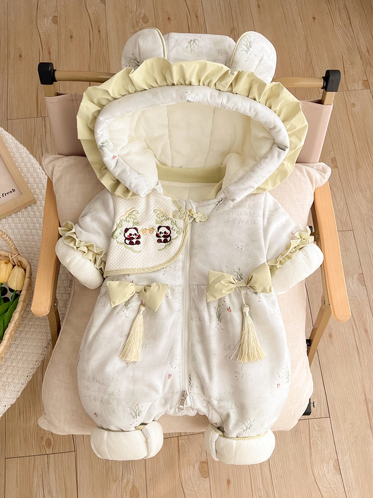 婴儿衣服女宝宝冬装连体衣超萌国风加绒夹棉连帽哈衣冬季外出棉服