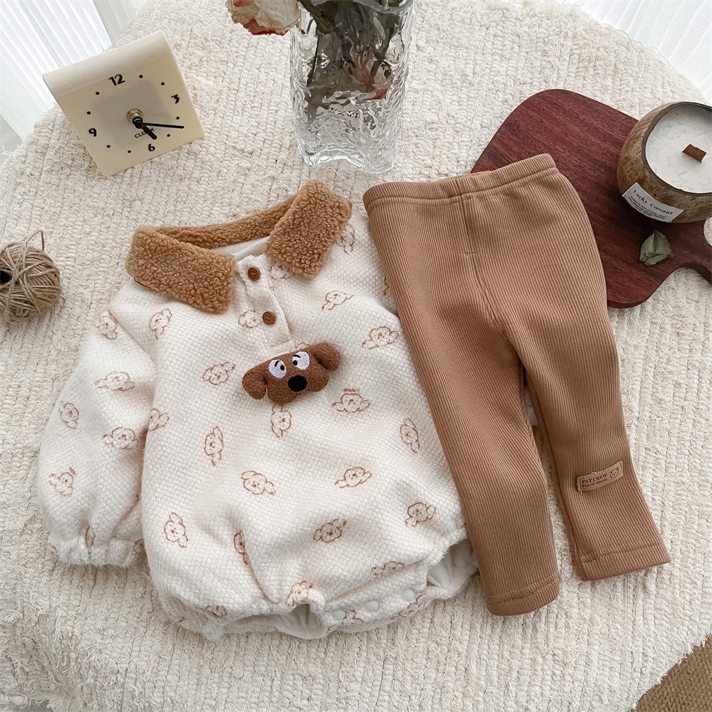 深秋初冬婴幼儿童装宝宝可爱超萌韩版卡通小狗加绒A类长袖包屁衣