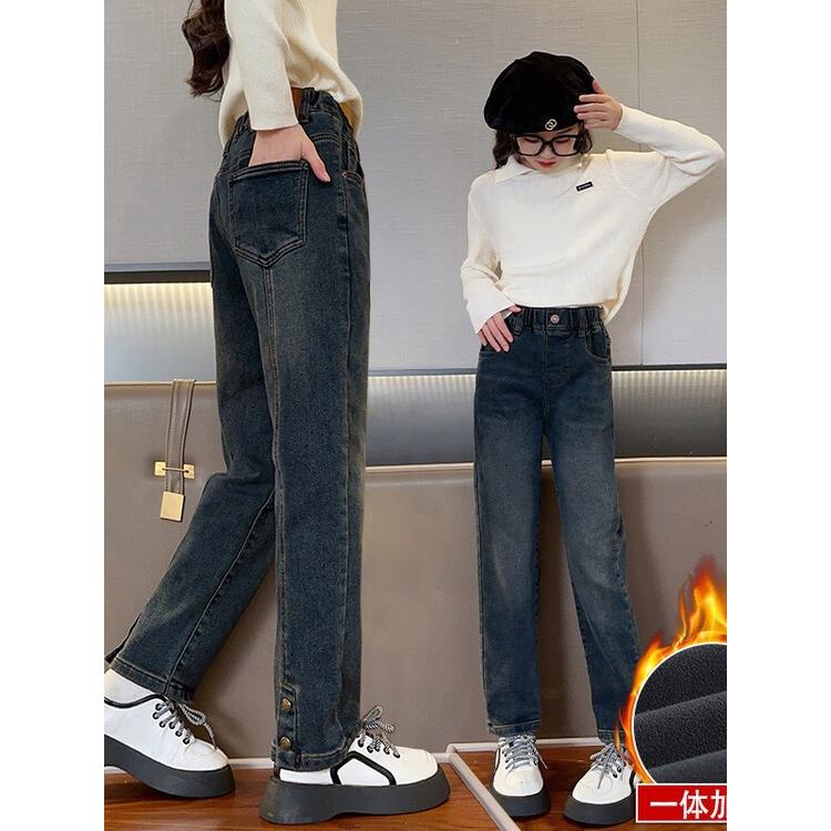 女童加绒牛仔裤秋冬一体绒外穿大童冬季2023新款加厚儿童冬天裤子