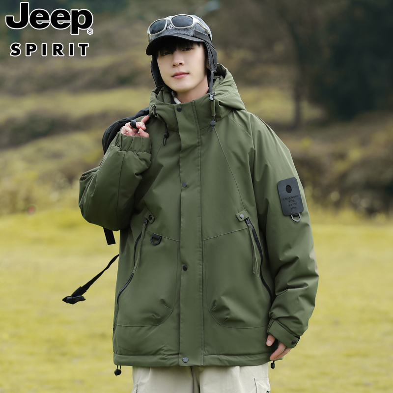 Jeep吉普2023冬季新款冲锋衣连帽三防男女情侣款防风防水工装棉衣