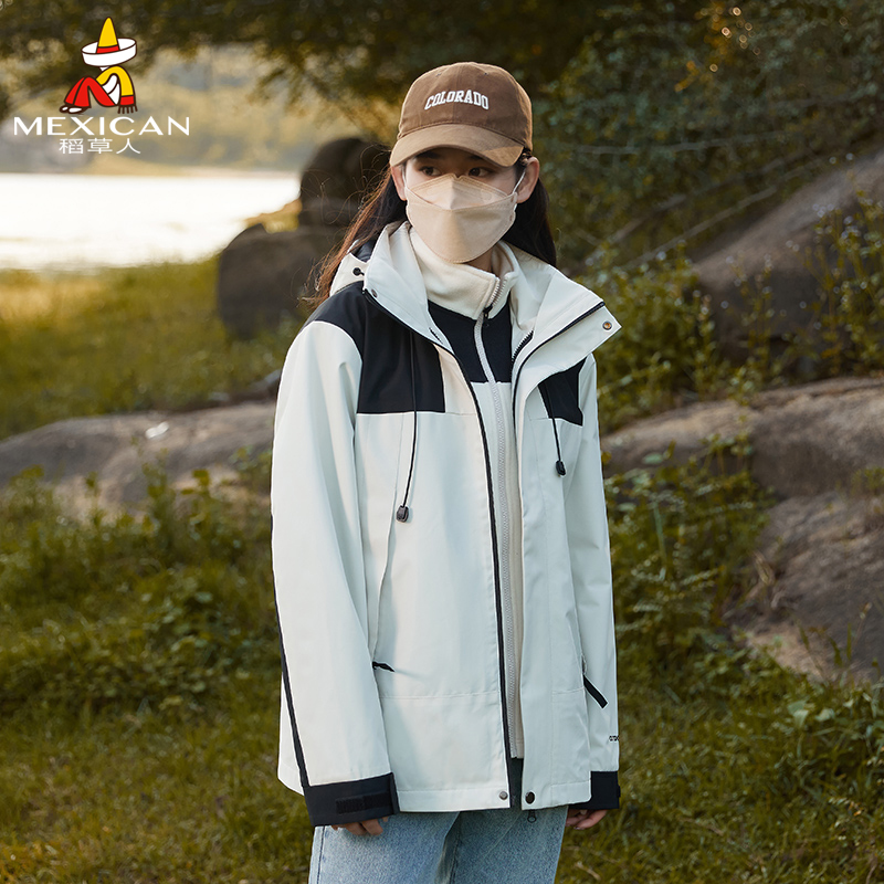 稻草人秋冬户外休闲冲锋衣防风防水拼色情侣夹克春秋百搭潮牌外套