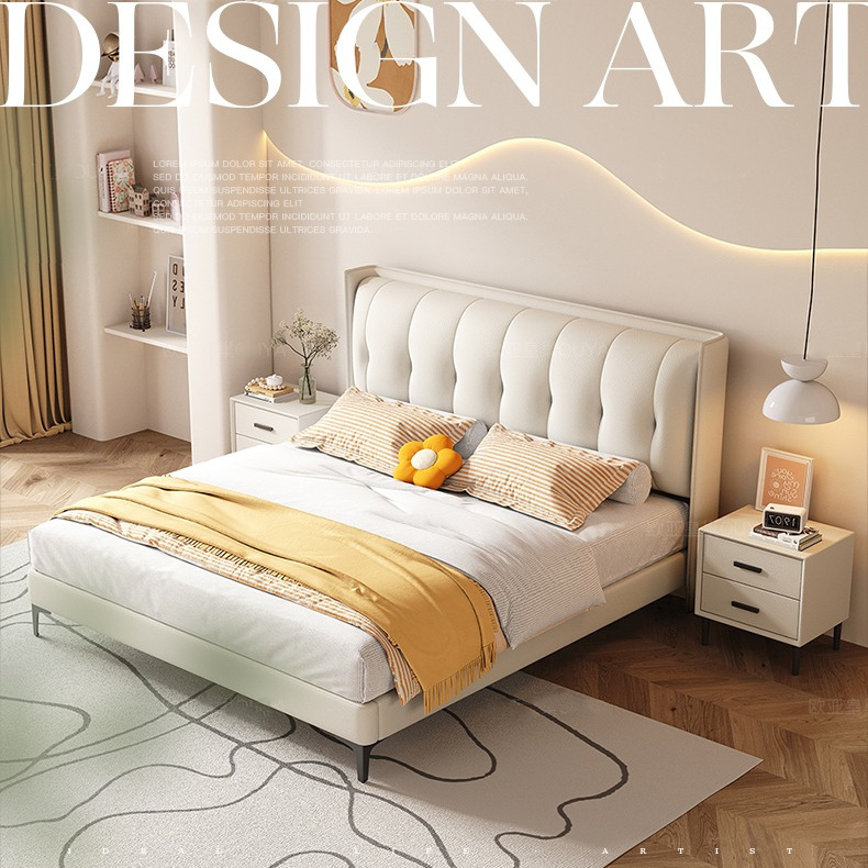 轻奢奶油风真皮床双人1.8x2米主卧大床现代简约网红软包婚床1.5米