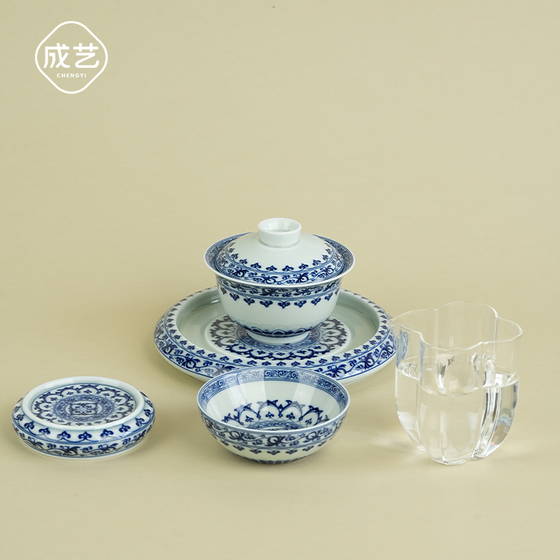 宝相花侘寂风茶器青花三才盖碗高档个人专用泡茶茶具套装高端全套