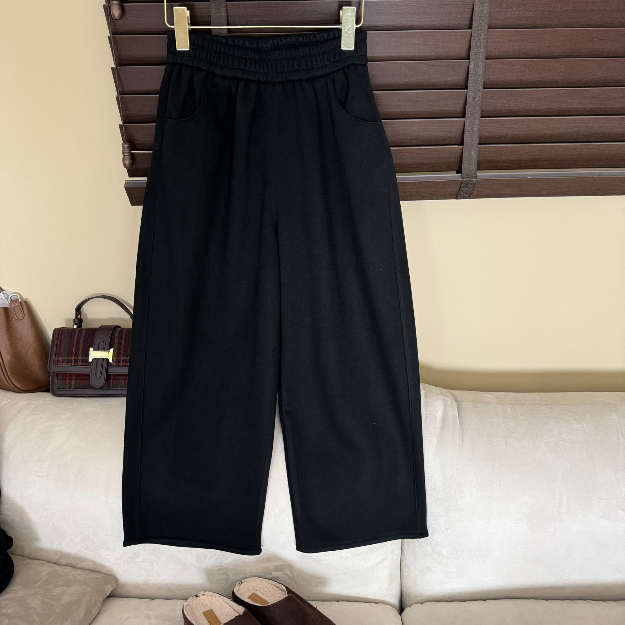 加绒加厚九分裤女秋冬新款百搭休闲松紧腰直筒阔腿裤-24461