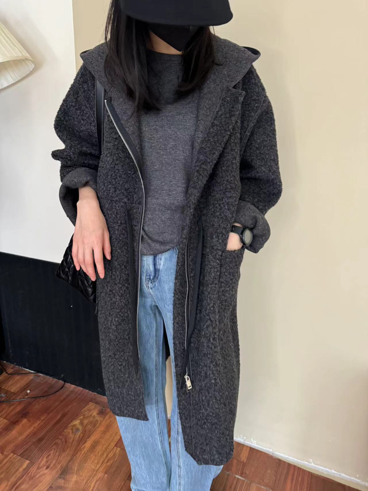 慵懒风宽松休闲连帽毛呢时尚印花保暖大衣外出新款外套24380