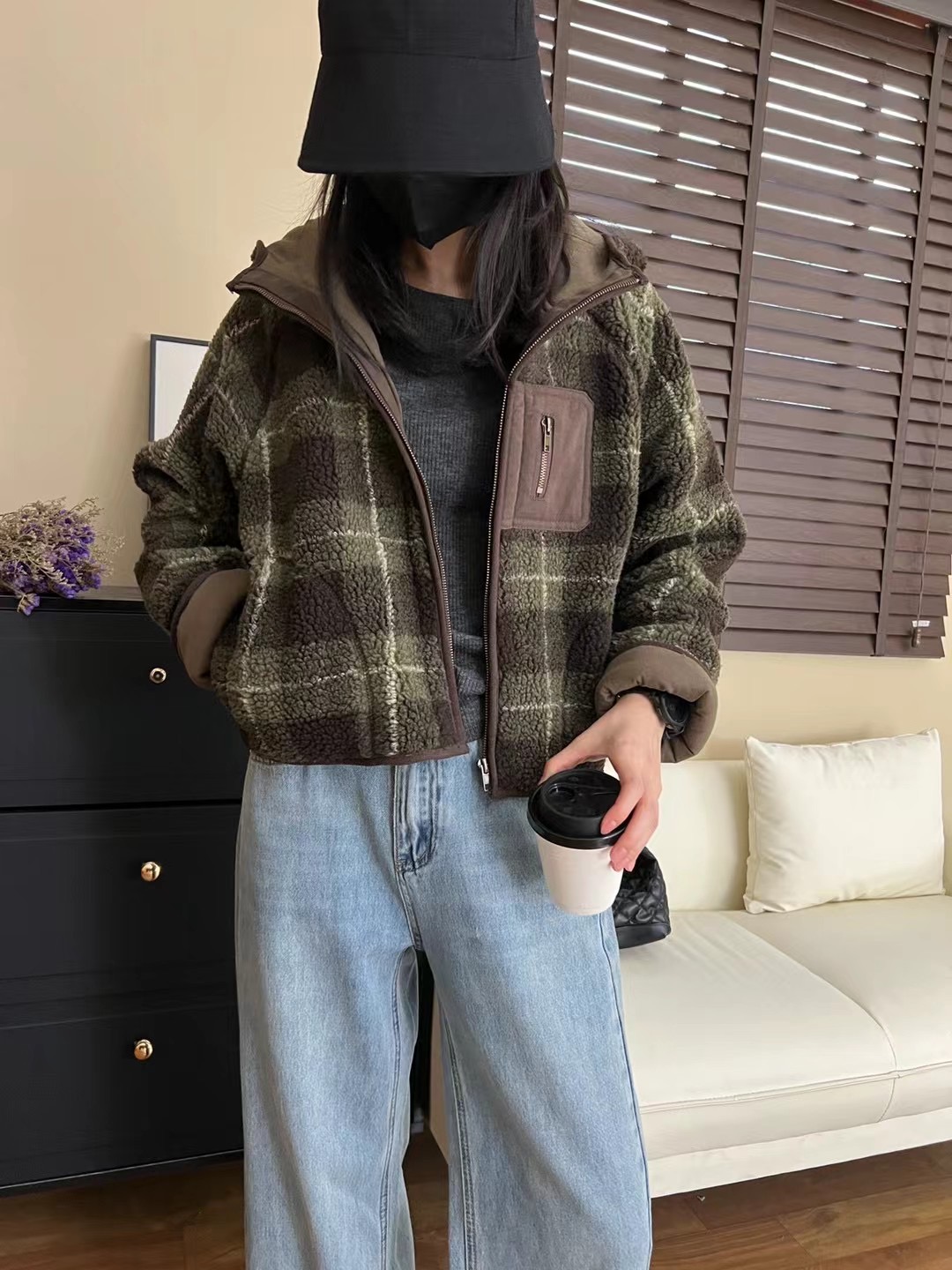 秋冬新款休闲颗粒绒外套格纹秋冬厚外套小香风外出新款外套24373