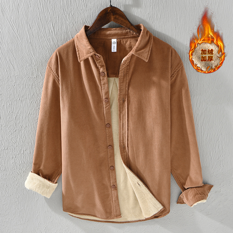 冬季纯棉保暖衬衣长袖条绒灯芯绒衬衫男加绒加厚休闲外套潮C8656