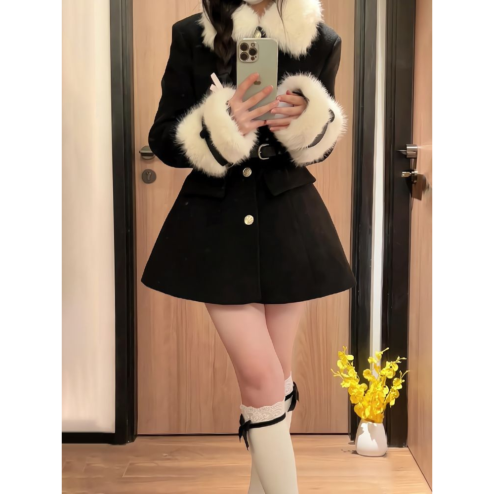 年学院风毛呢外套女秋冬甜酷中长款黑色大衣毛茸茸收腰上衣