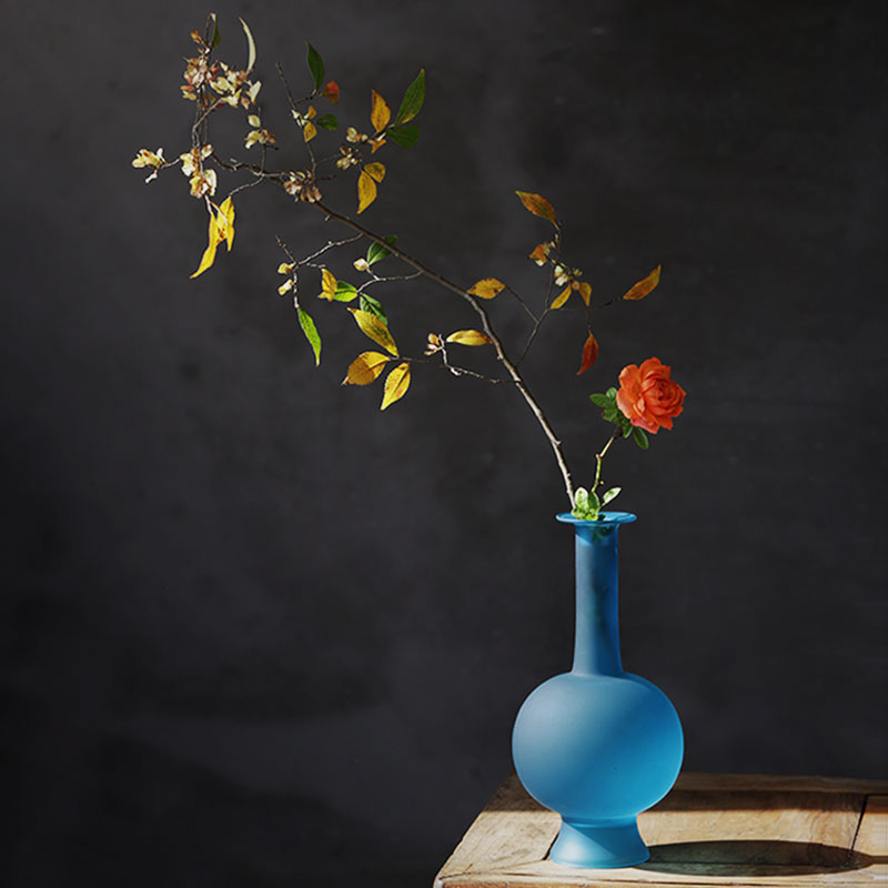 孔雀蓝简约玻璃花瓶禅意琉璃花器插花净瓶家居客厅装饰摆件桌面