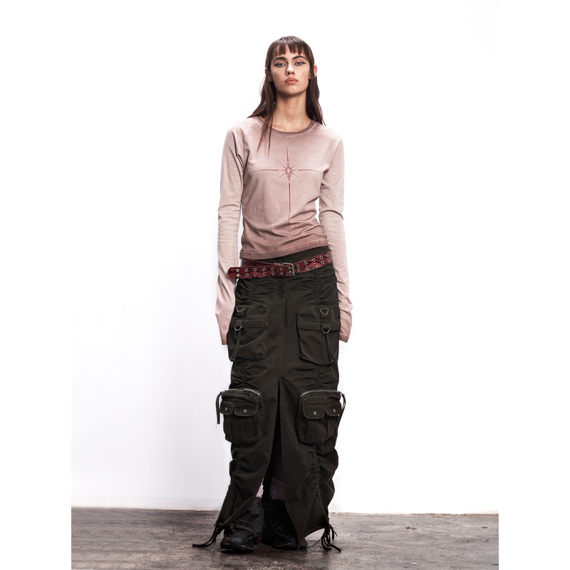 RustyNaill原创水洗做旧立体多口袋开衩长版工装半身裙半裙长裙女