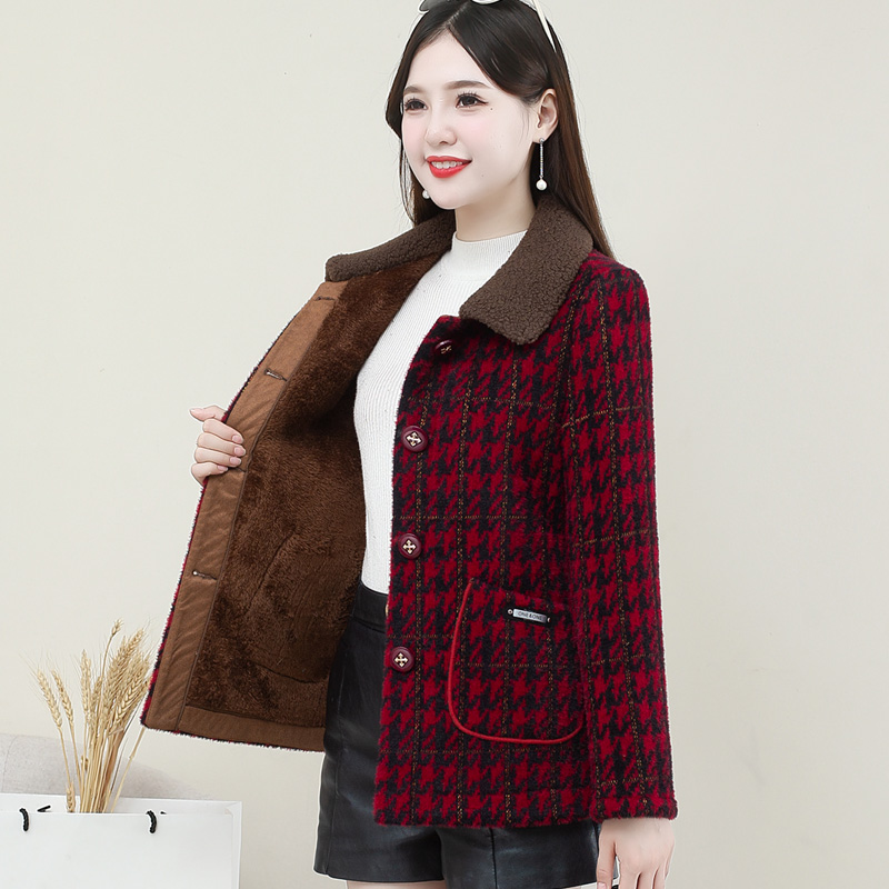 X9301千鸟格格子保暖加绒加厚妈妈装老年人洋气冬季加厚大码外套