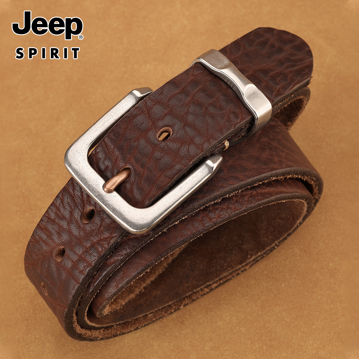 JEEP吉普加厚皮带男真皮复古头层牛皮腰带牛仔不锈钢咖色手工厚实