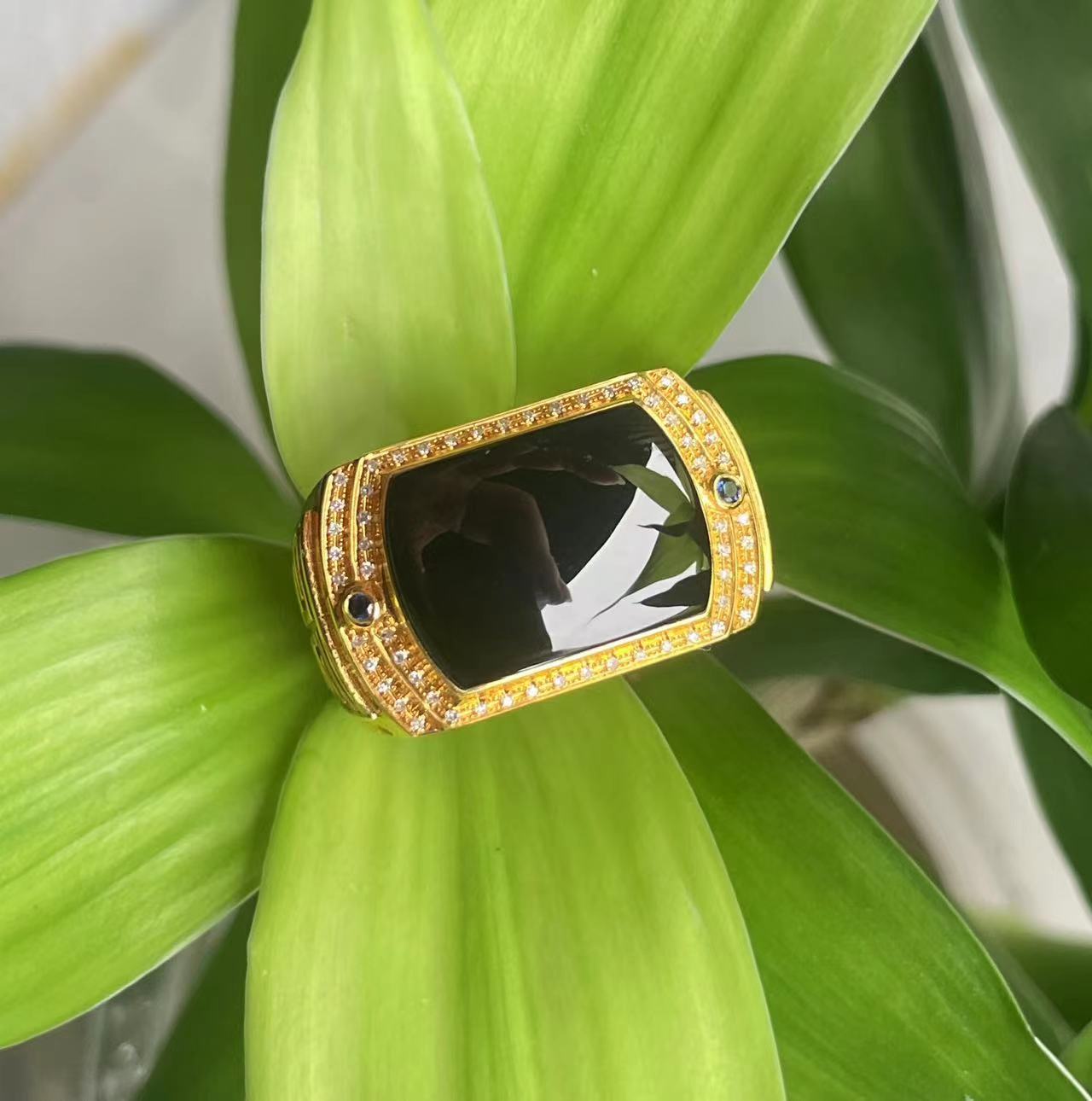 18K金墨翠戒指男士男款霸气时尚