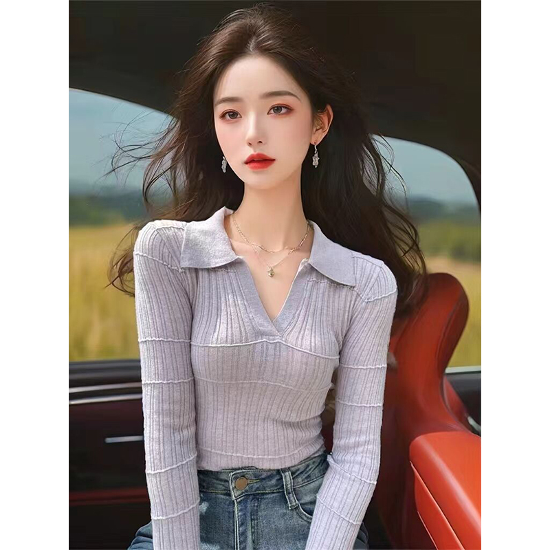 JY#紫色v领针织衫薄款秋款修身显瘦气质翻领喇叭袖上衣DY10351