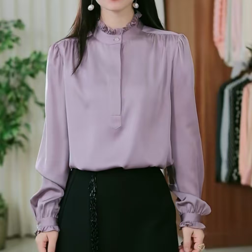 欧货秋季真丝衬衣长袖纯色桑蚕丝女装重磅高级气质上衣8429