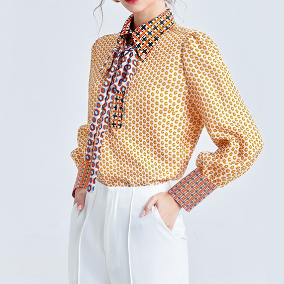 气质百搭真丝衬衫女长袖系带蝴蝶结亮橙宽松桑蚕丝印花衬衣女7389