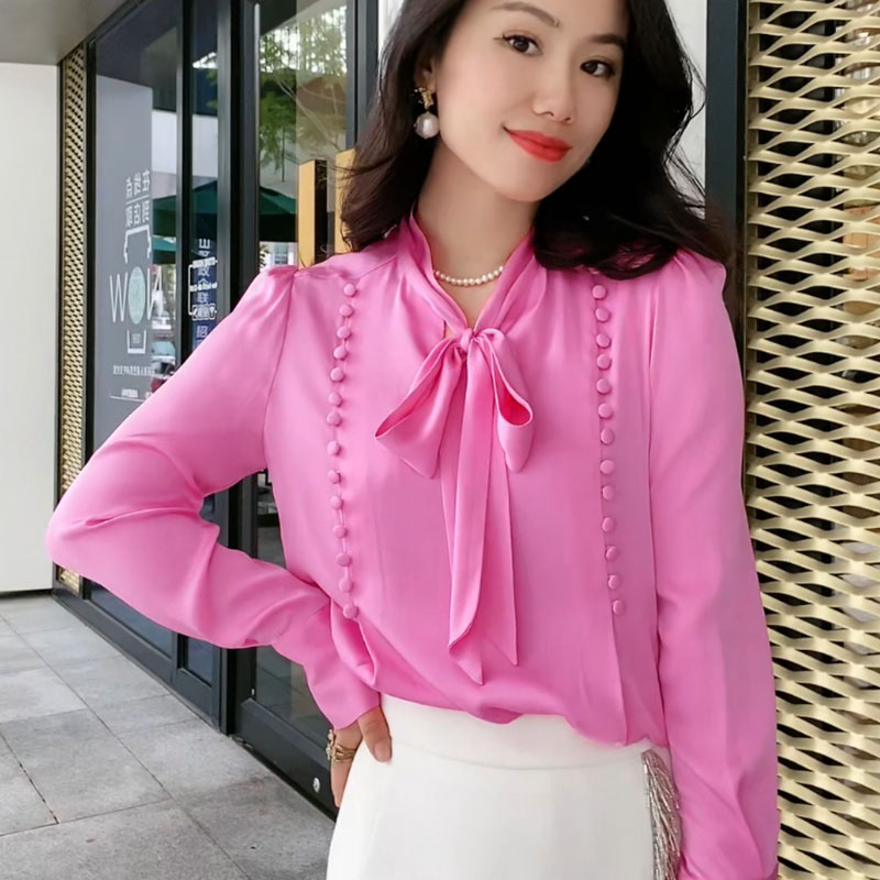 【捡漏】春季新品系带欧货长袖衬衫女欧货站桑蚕丝衬衣女HL-3649