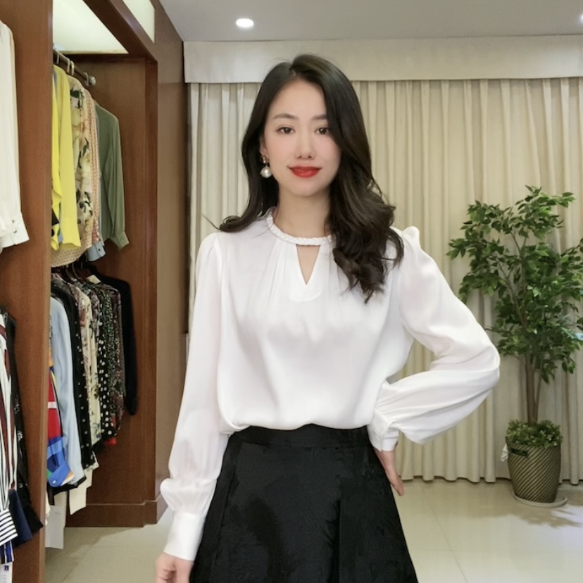 2024年春季新品蚕桑丝长袖衬衫百搭时尚气质麻花领纯色上衣8350