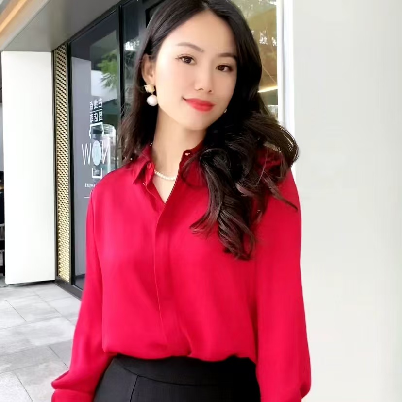 欧货秋季真丝衬衣长袖纯色桑蚕丝女装重磅高级气质上衣7950