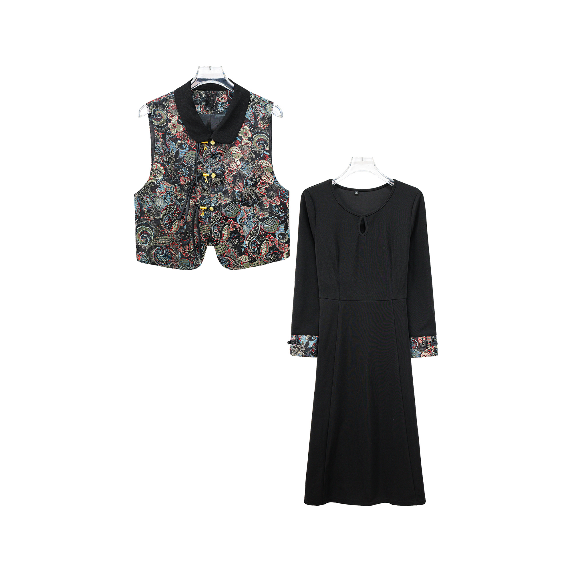 X26215高级感新中式盘扣马甲连衣裙套装